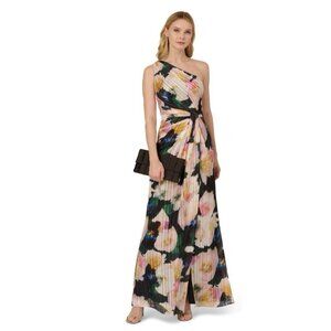 Adrianna Papell Women's Blush Black One-Shoulder Chiffon Dress Event Maxi Size 4